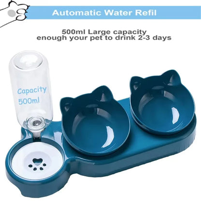 2-in-1 Double Bowls with Automatic Drinking Bottle